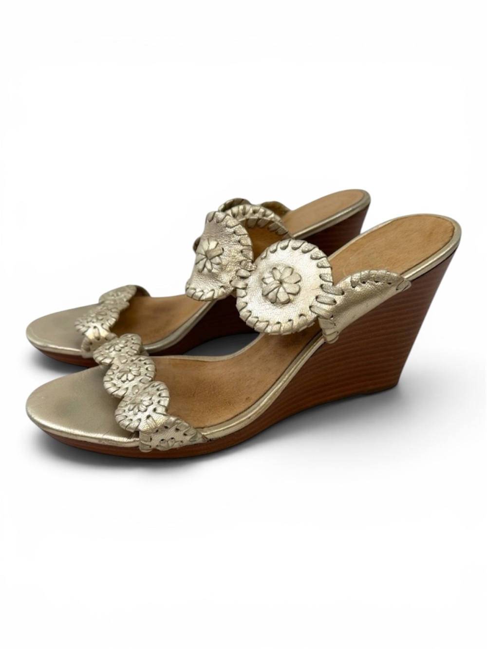 Jack Rogers Luccia Metallic Gold Leather Double Strap Wedge Sandals 8.5